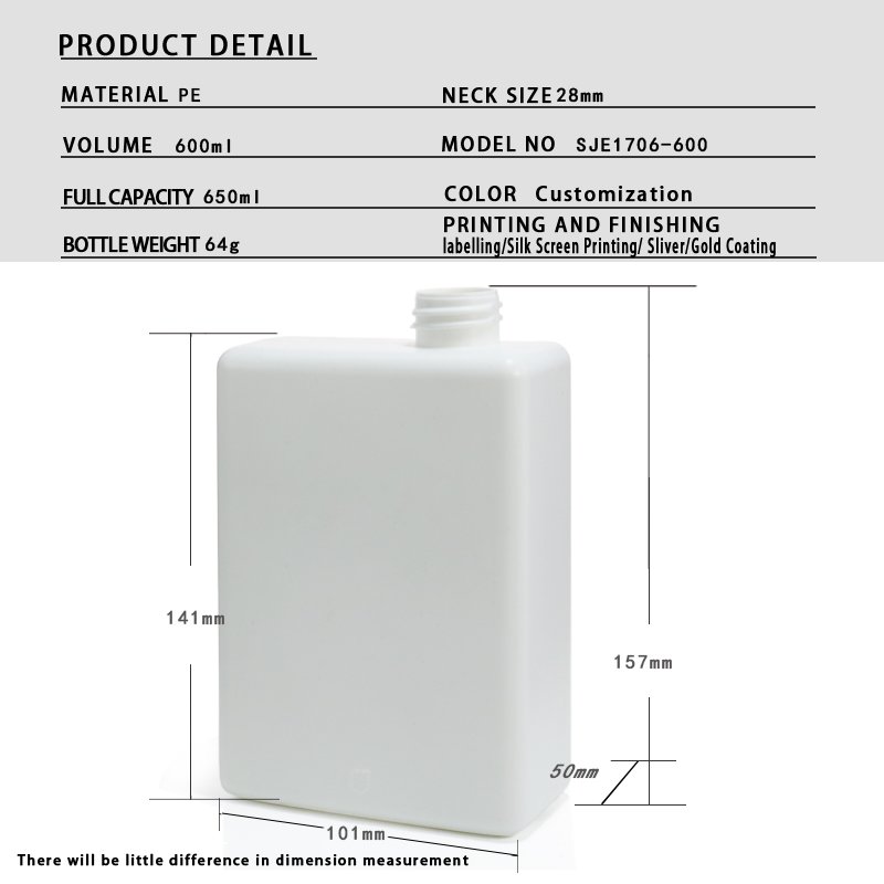 Bath & Body 600ml Rectangular PE Plastic Bottle – 28mm Neck