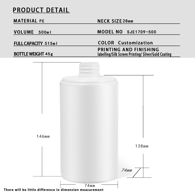 Cosmetic 500ml Round Shoulder PE Plastic Bottle – 28mm Neck