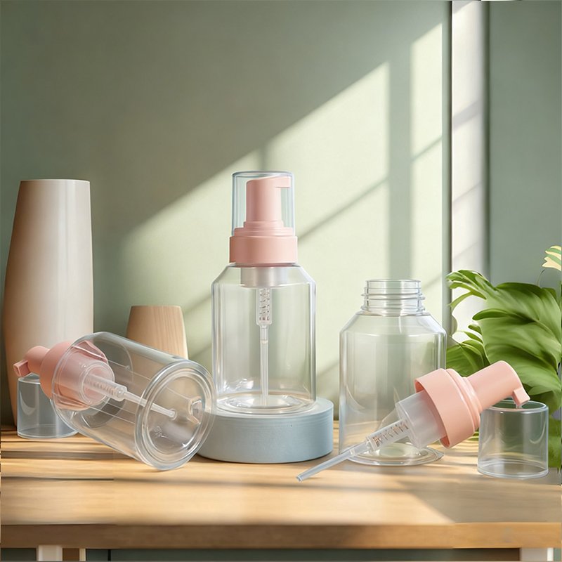 300ml PET Round Cosmetic Bottle with Lotion Pump & Disc-Top (24/410 Neck)